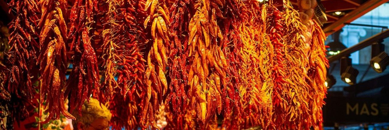 Étal d'épices et de piments séchés sur un marché couvert en Espagne