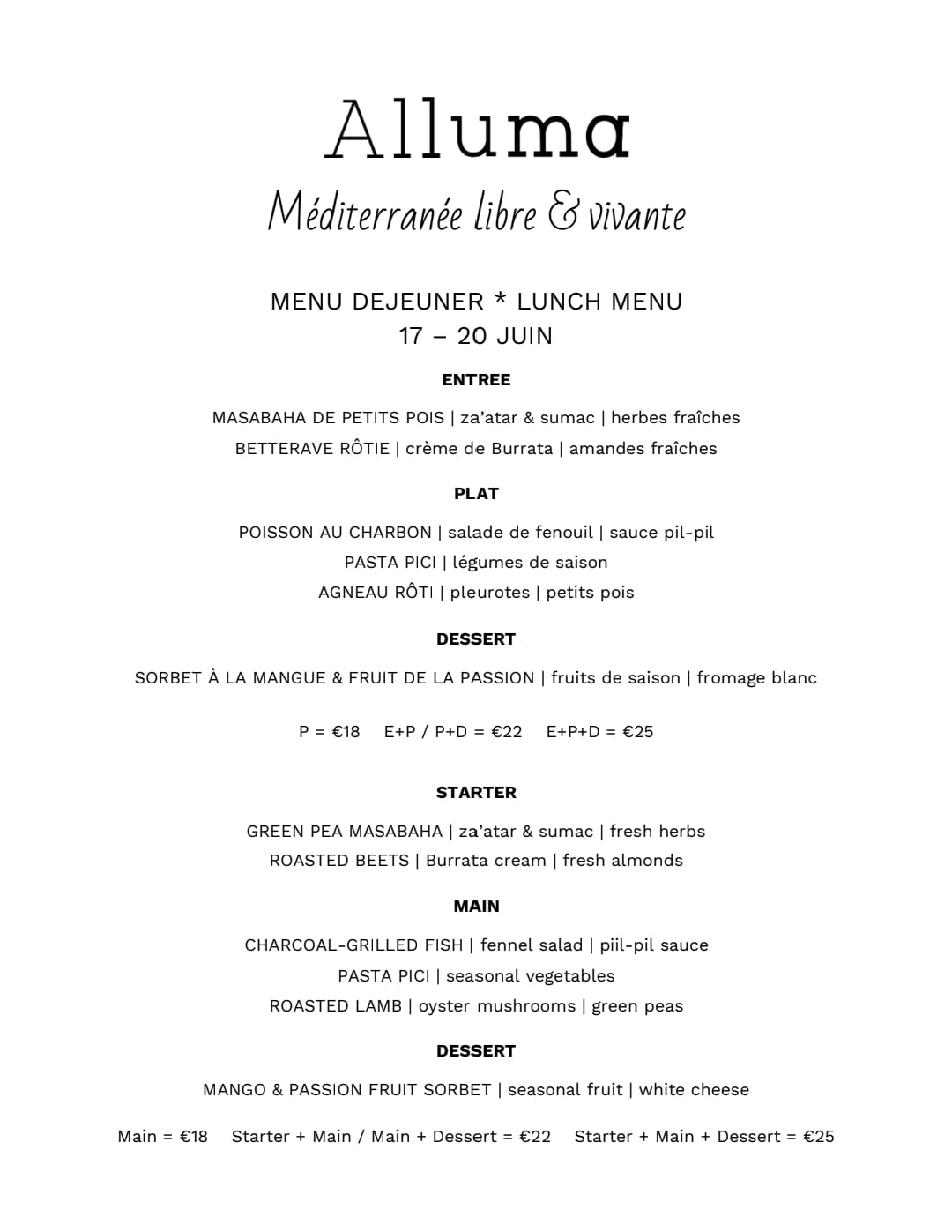 Alluma Restaurant Menu Déjeuner Paris 11 june 2025