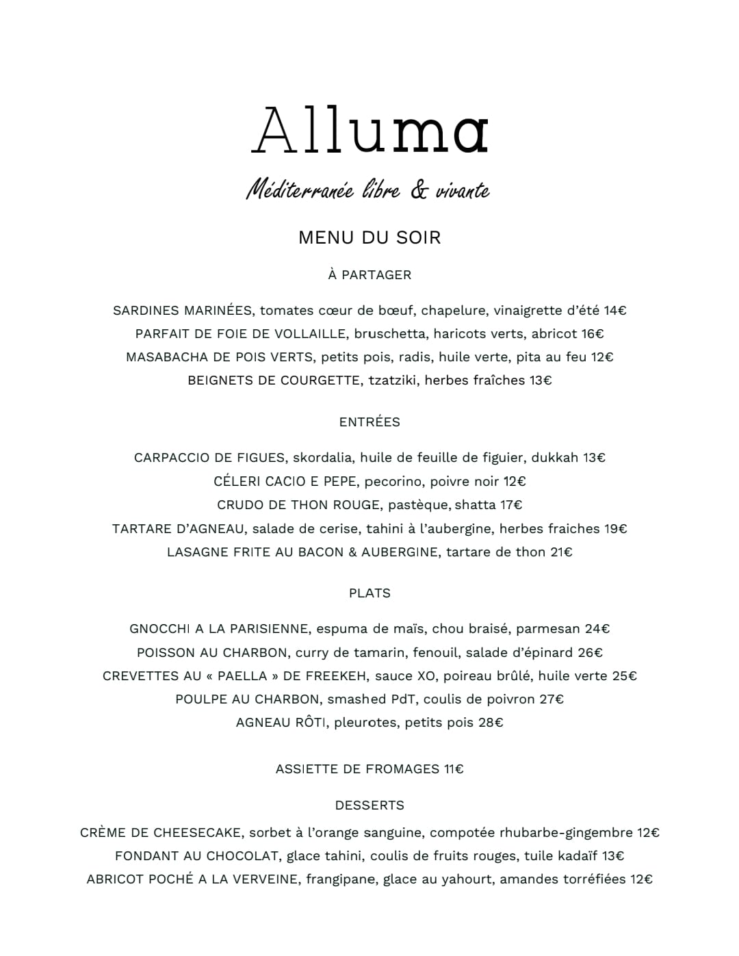 Menu Alluma Paris carte restaurant bistronomique Paris 11