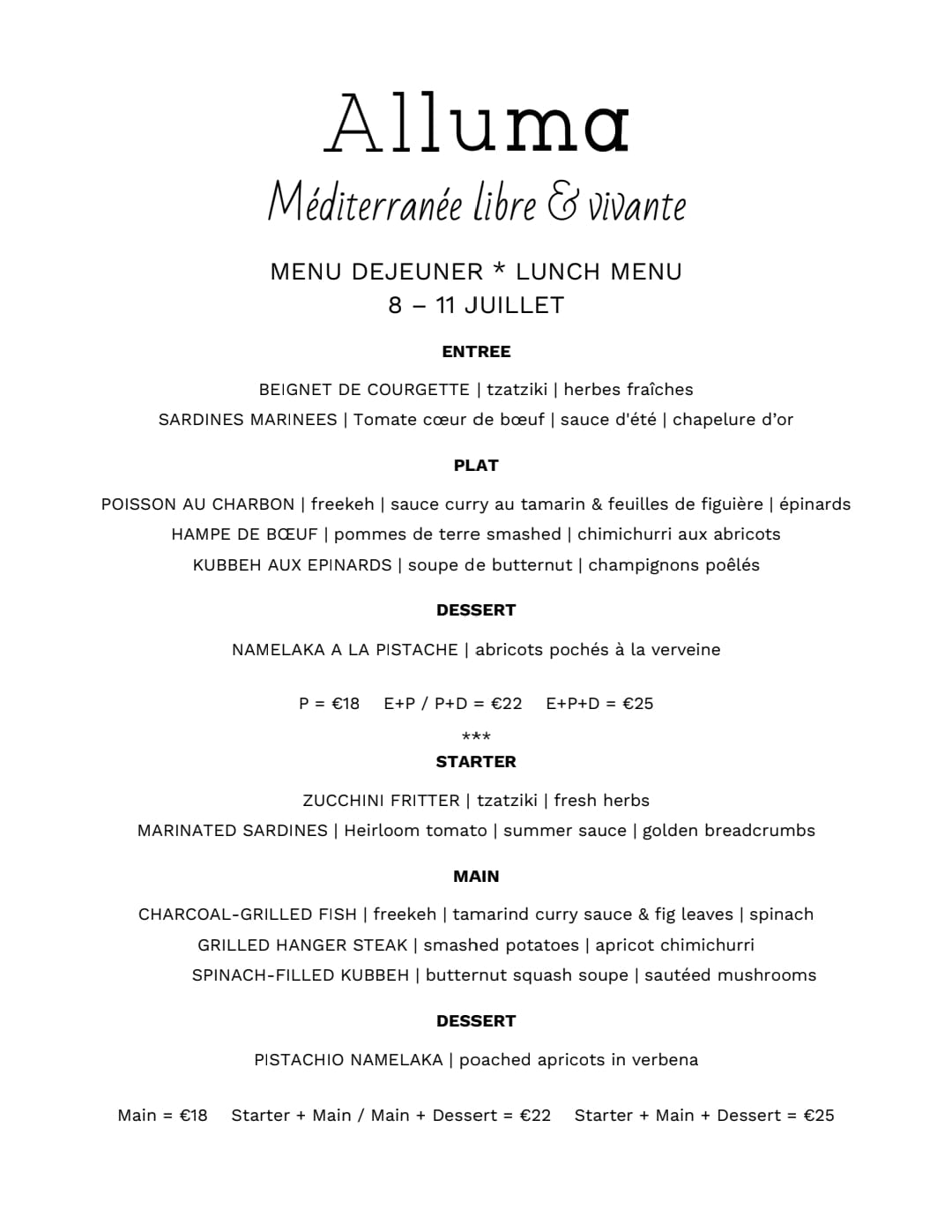 Alluma Restaurant Menu Déjeuner Paris 11 june 2025