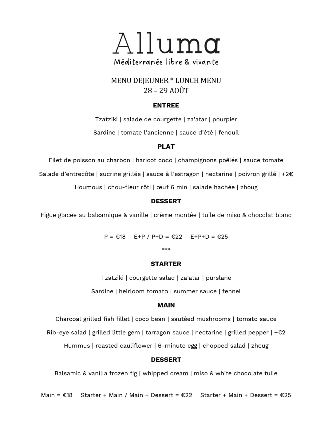 Alluma Restaurant Menu Déjeuner Paris août 2025