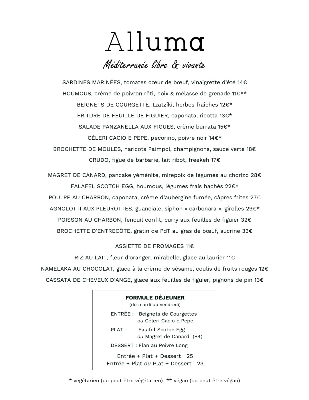 Menu dîner à la carte et formule déjeuner d’Alluma — restaurant de chef à Paris 11, cuisine méditerranéenne de saison par le Chef Liran Tal, inscrit au Guide Michelin, approche zéro déchet, près d’Oberkampf et Belleville. | Alluma Paris 11 chef’s restaurant dinner à la carte and lunch deal menu — seasonal Mediterranean cuisine by Chef Liran Tal, Michelin-listed, zero waste, in the 11th arrondissement near Oberkampf and Belleville.