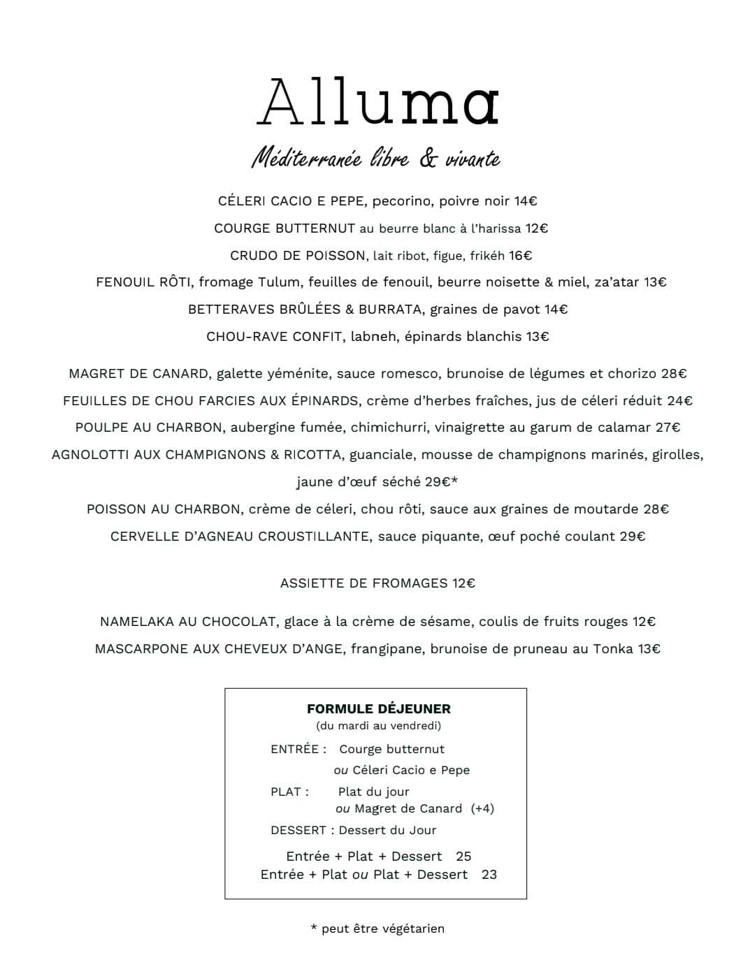 Menu dîner à la carte et formule déjeuner d’Alluma — restaurant de chef à Paris 11, cuisine méditerranéenne de saison par le Chef Liran Tal, inscrit au Guide Michelin, approche zéro déchet, près d’Oberkampf et Belleville. | Alluma Paris 11 chef’s restaurant dinner à la carte and lunch deal menu — seasonal Mediterranean cuisine by Chef Liran Tal, Michelin-listed, zero waste, in the 11th arrondissement near Oberkampf and Belleville.