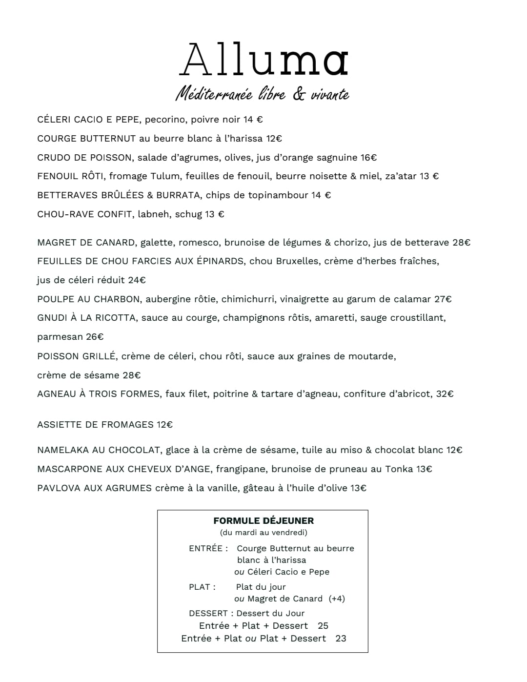 Alluma Restaurant Menu Déjeuner Paris 11
